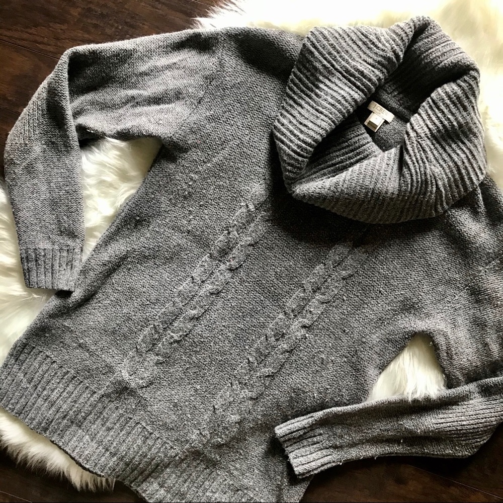 J. Crew Grey Cowl Neck Cable-Knit Tunic Sweater